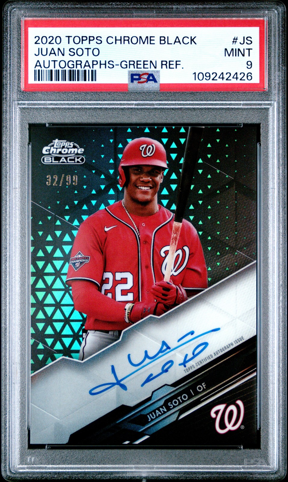 2020 TOPPS CHROME BLACK AUTO GREEN REFRACTOR #JS JUAN SOTO 32/99 PSA 9 AUTO view 1