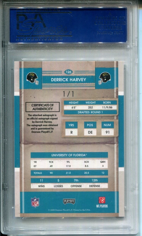 2008 Playoff Contenders Derrick Harvey #126 Championship Ticket Auto #1/1 PSA 9 - Image 2 of 2