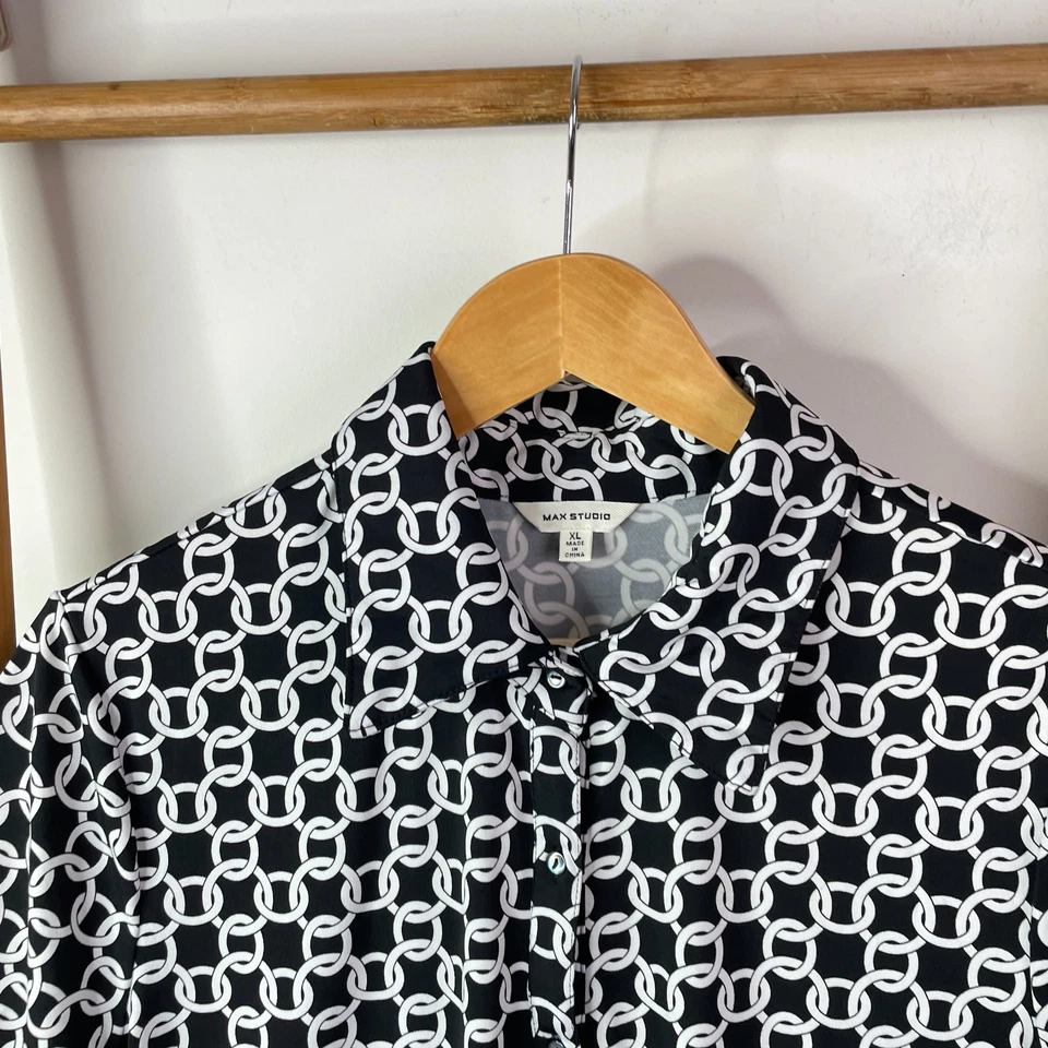Max Studio Shirt Dress Womens Extra Large Black White Chain Print Button Front - image 4 of 4
