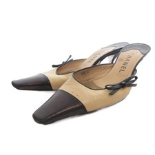 CHANEL Mule Ribbon Leather Beige Black Women's Size EU37/US6.5