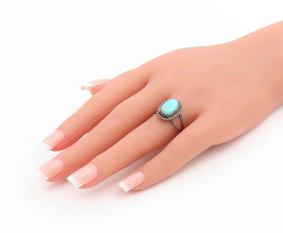 Anillo Vintage Plata de Ley 925 NAVAJO Turquesa Halo Cuerda Borde Talla 7 RG33970 Foto 3 de 4