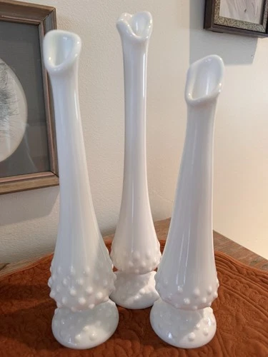 Lot of 3 Fenton Milk Glass Bud Vases Hobnail Pattern