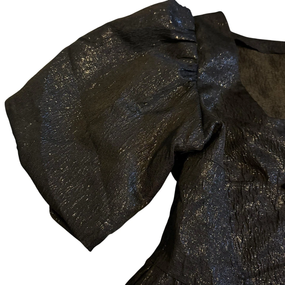 H&M Mujer Top Negro Tejido Jacquard Manga Abullonada Corbatas Corbatas Metálicas Peplum XL Foto 2 de 4