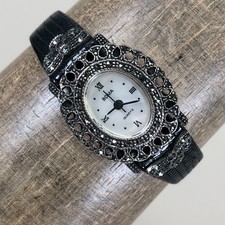 Vtg Boma Women Sterling Silver Oval Marcasite Leather Quartz 21mm Watch 6"