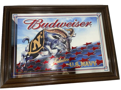 Vintage Budweiser “Salutes The U.S. Navy” Framed Mirrored Beer Sign 28”x20”