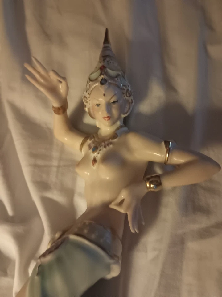 Estatueta de porcelana Reine Handarbeit Dresden Bali dançarina deslumbrante rara 11"  - Imagem 2 de 4