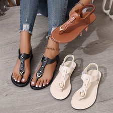 Women  s T-Strap Flat Sandals   Casual Summer Beach Shoes Beige Brown Black