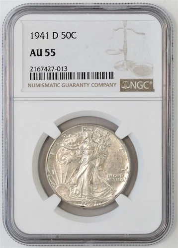 1941 D 50C US Walking Liberty Silver Half Dollar Coin (NGC AU 55 AU55) 