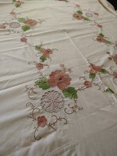 Embroidered Cutwork Applique Floral Tablecloth Cream Brown Crochet Inset 64"x85"