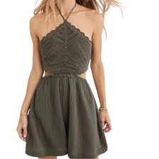 Aerie Pool to Party Crochet Halter Mini Dress Medium Olive Green Bohemian NEW 