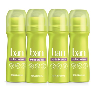 Ban Satin Breeze 24-hour Invisible Antiperspirant, 3.5oz Roll-on Deodorant 4-pk