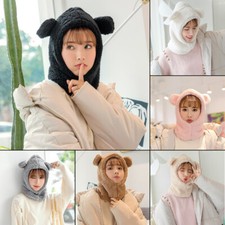 Lady Hat Cap Fleece Furry Fluffy Warm Winter Bear Ears Animal Hoodie Kawaii Cute