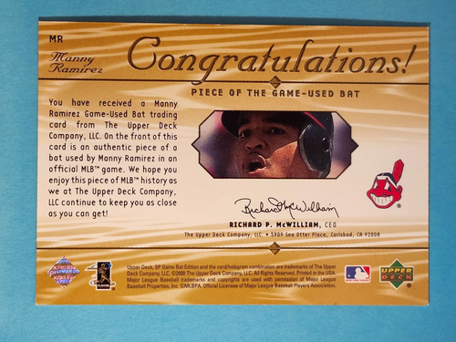 2001 Upper Deck SP Game Bat Edition Piece Of The Game Relic Manny Ramirez #MR ⚾ - Picture 2 of 2