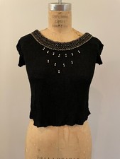 1950s Monrose Sportswear Rayon Knit Rhinestone Pearl Rockabilly Pin Up Top Black