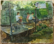 Ukrainian Soviet Oil Painting postimpressionism children park  fishing bicycle