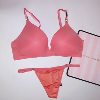 Victoria Secret Bra Set 32D XS Thong Panty Uplift Plunge Push Up