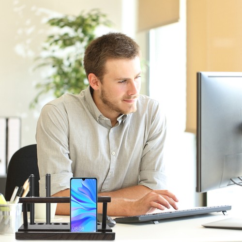 Wooden Pen Holder Office and Pencil with Phone Stand Fountain for Desk Display - Zdjęcie 7 z 12