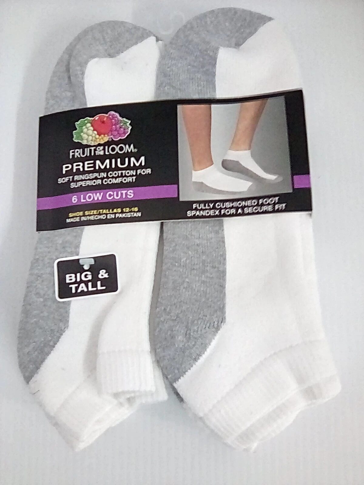 Fruit of the Loom Men's Premium Low-Cut Socks, XL, White w/Gray, 6 pair pack