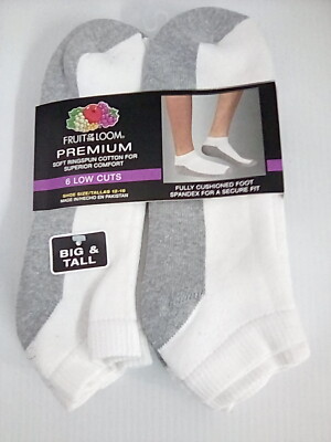Fruit of the Loom Men's Premium Low-Cut Socks, XL, White w/Gray, 6 pairs
