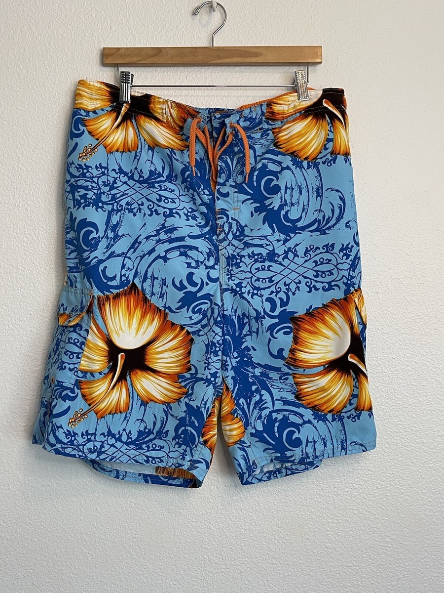バハマ Ocean Pacific Board Shorts Blue Floral Hawaiian Print Pockets Mesh