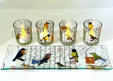 Vtg Gift Set Glass Birds Postcard Votive Candle Holders Set Wildlife Botanical