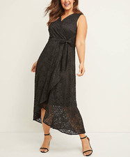 LANE BRYANT BLACK SLEEVELESS LINED LACE FAUX-WRAP MIDI DRESS PLUS Sz 10/12