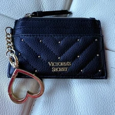 Victoria's Secret V-Quilt Studded Black Card Case Holder With Key Chain New