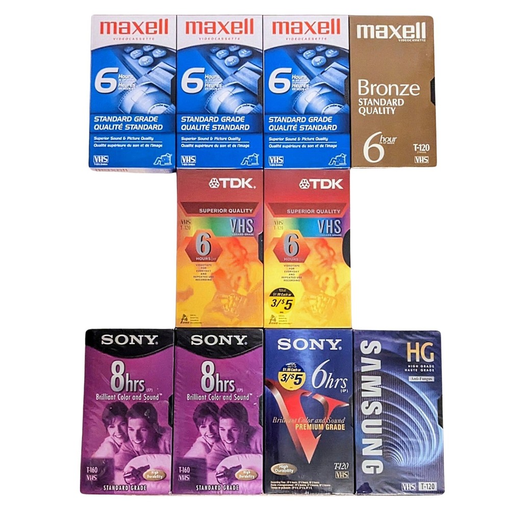 10 Sealed Blank VHS: Sony T-160 T-120, Samsung T-120, TDK T-120, Maxell T-120 10 Sealed Blank VHS: Sony T-160 T-120, Samsung T-120, TDK T-120, Maxell T-120