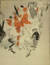 Antique 1884  Japanese woodblock print  - Watanabe Seitei - Cockerels / Chickens