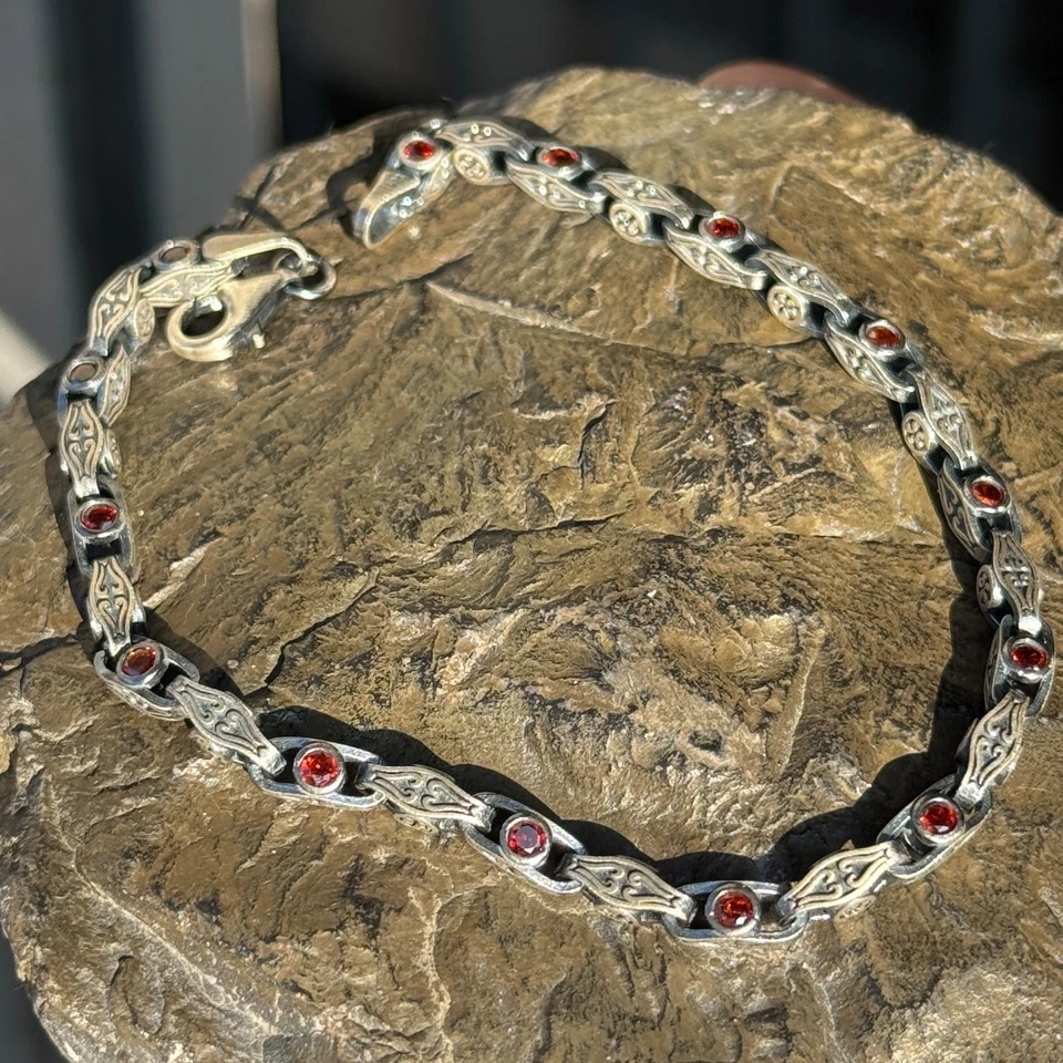 Silver Ruby Gemstone Hand-Engraved Link Chain Vintage Bracelet - Image 4 of 4