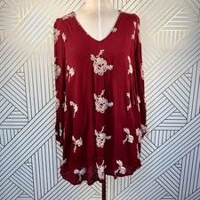 Free People Embroidered Austin Mini Flowy Swing Dress Floral Maroon Size XS