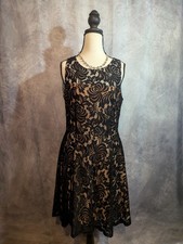 Karen Kane Black Lace Overlay Dress Nude Lined Below Knee Size M holiday party