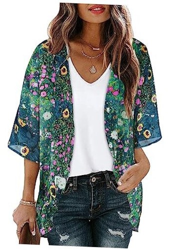 Women's Floral Print Puff Sleeve Kimono Cardigan Loose Cover Up Medium Green