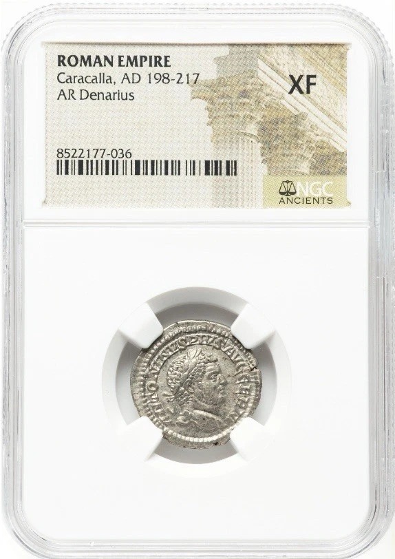 Caracalla 198-217 dC Imperio Romano Plata AR Denario Rara Moneda Gladiador, NGC XF Foto 2 de 4