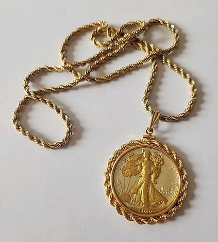 1936 Walking Liberty Gilded Half Dollar Necklace w/24" 14K GF Rope Chain