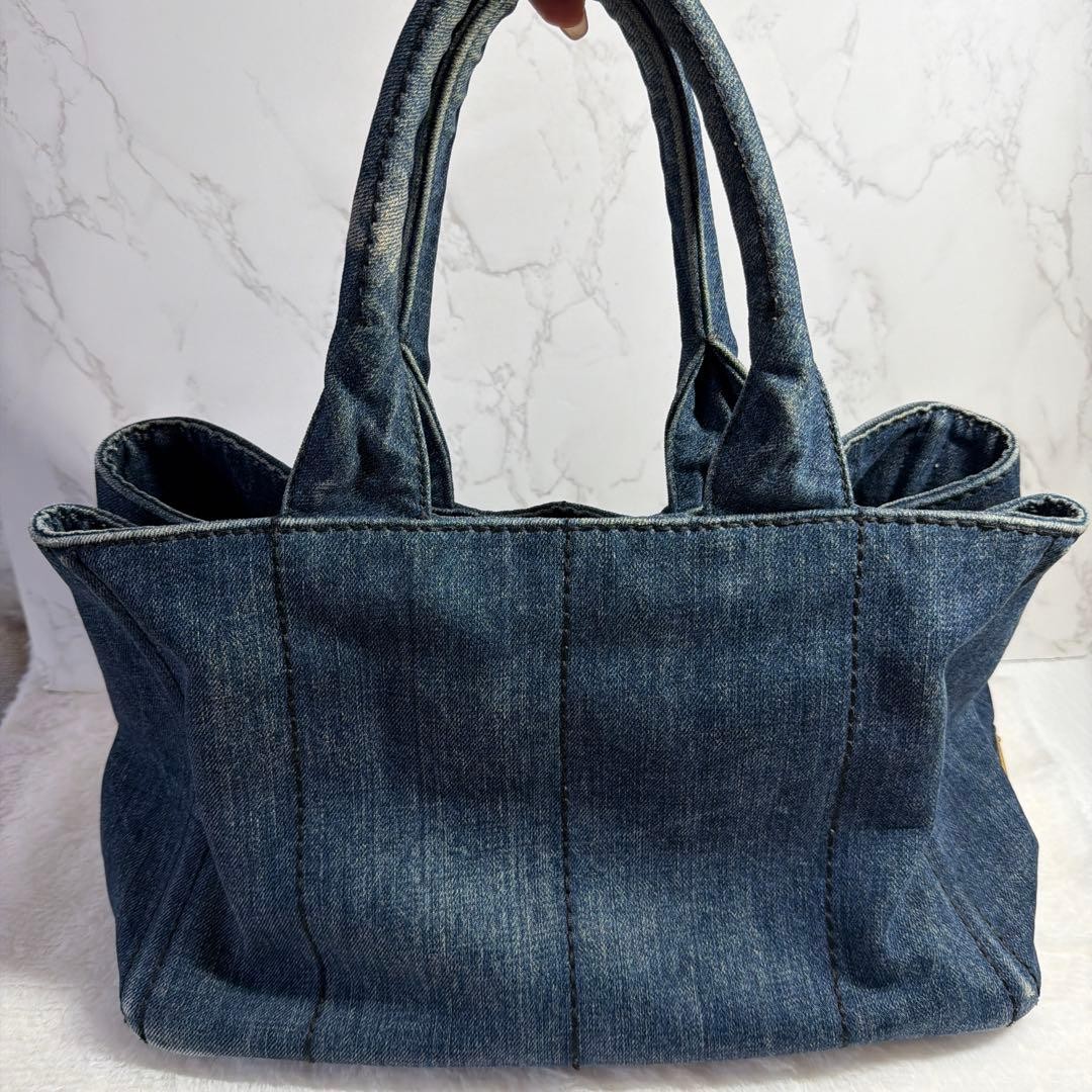 PRADA Canapa Tote Bag Blue Denim Gold Hardware Women Authentic