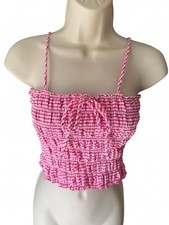 Pink Gingham Smocked Crop Top Tie Front Cottagecore Coquette Medium