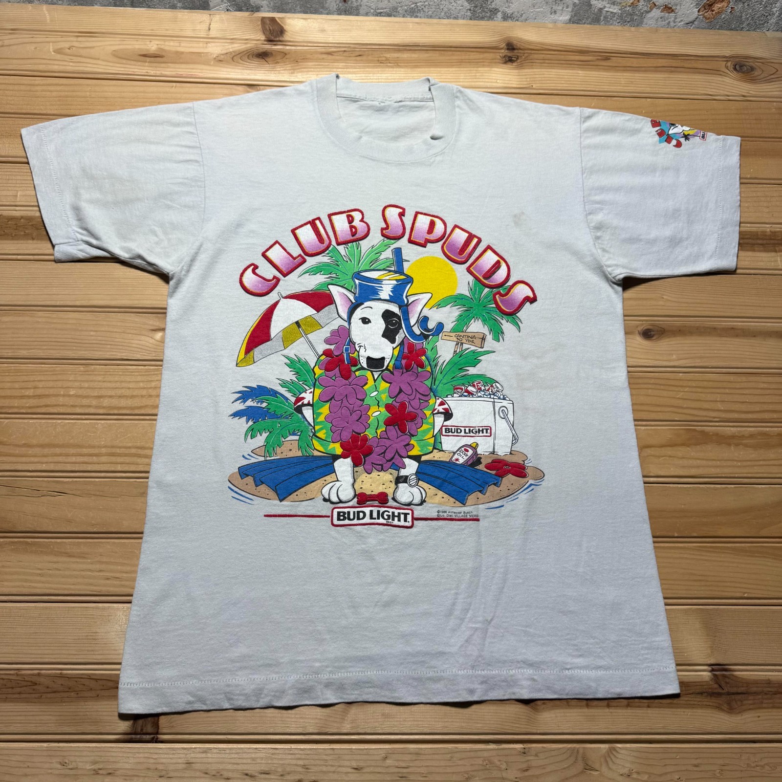 Vintage 1986 Bud Light Club Spuds MacKenzie Bull Terrier Tropical T-Shirt Large