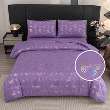 5-Piece Purple Butterfly Queen Bedding Set for Girls' Bedroom