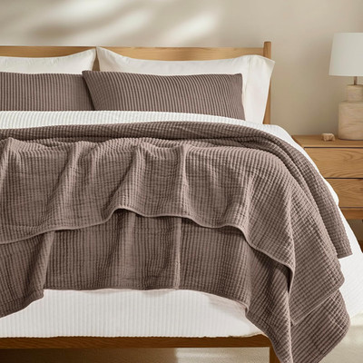 Lightweight King Size Cotton Coverlet Set with 2 Pillow Shams - Mocha Brown