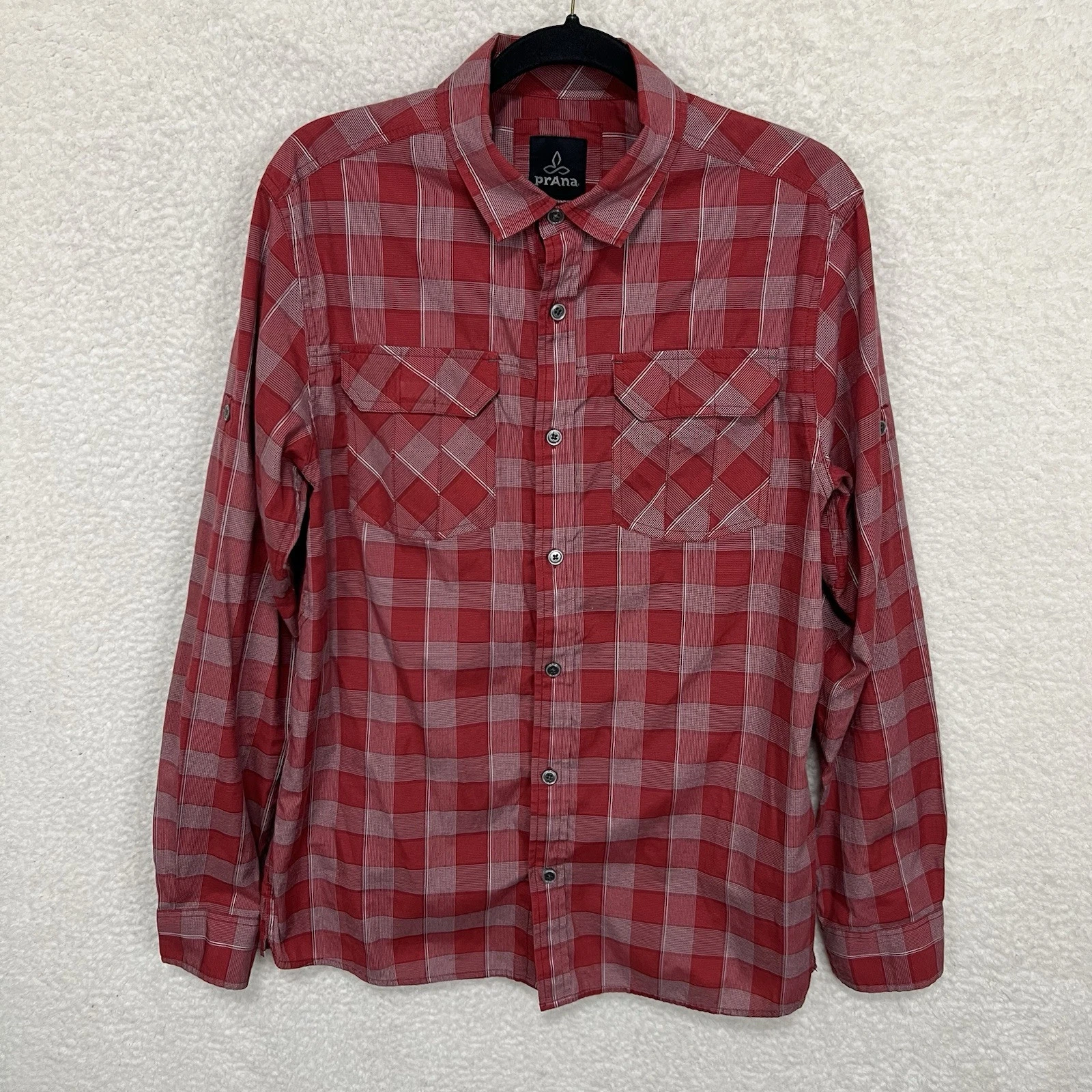 Prana Shirt Men's L Red Plaid Button Up Roll Tab Long Sleeve M2TERR114