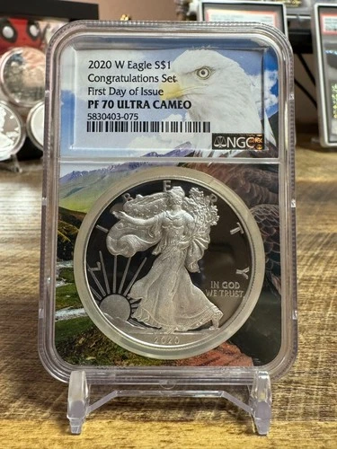 2020 W American Silver Eagle PF 70 NGC First Day FDI Congratulations Set