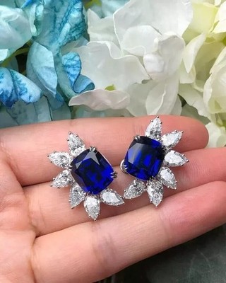 2Ct Cushion Cut Simulated Sapphire Women's Stud Earrings 14K White Gold Plated