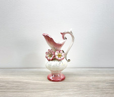Vintage Pink Lusterware Pitcher Vase 3D Applied Floral Japan 6" Ewer 1950s