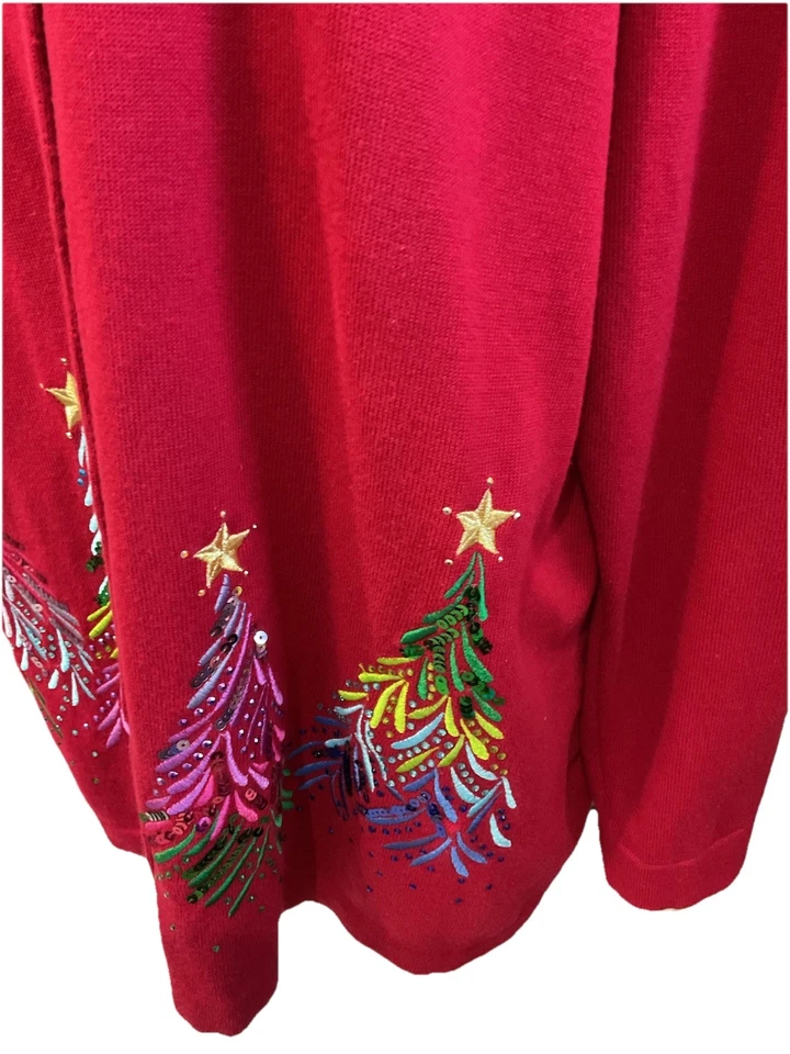 Quacker Factory XL Sequin Dazzling Christmas Tree Cardigan Red Holiday Sweater - Image 4 of 4