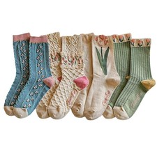 Casual Vintage Floral Cotton Socks for Women 4 5-9, Tulip Series 4 Pairs 