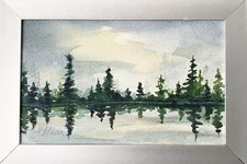 Framed Original Watercolor Painting Early Evening over Lake Pines Signed 4x6"