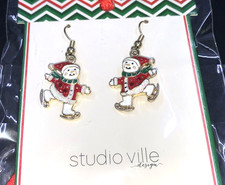 Gold Tone Enamel Festive Snowman Pieced Earrings Wire Hook Christmas Gift