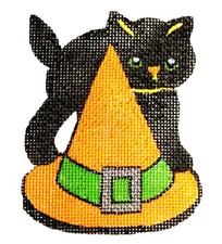 Halloween Needlepoint Canvas on 18 mesh Zweigart Little Witch Cat Retro Was 68