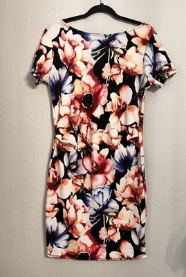 Pinkblush Dress Women L Black Multicolor Floral Short Sleeve Stretch Made In USA